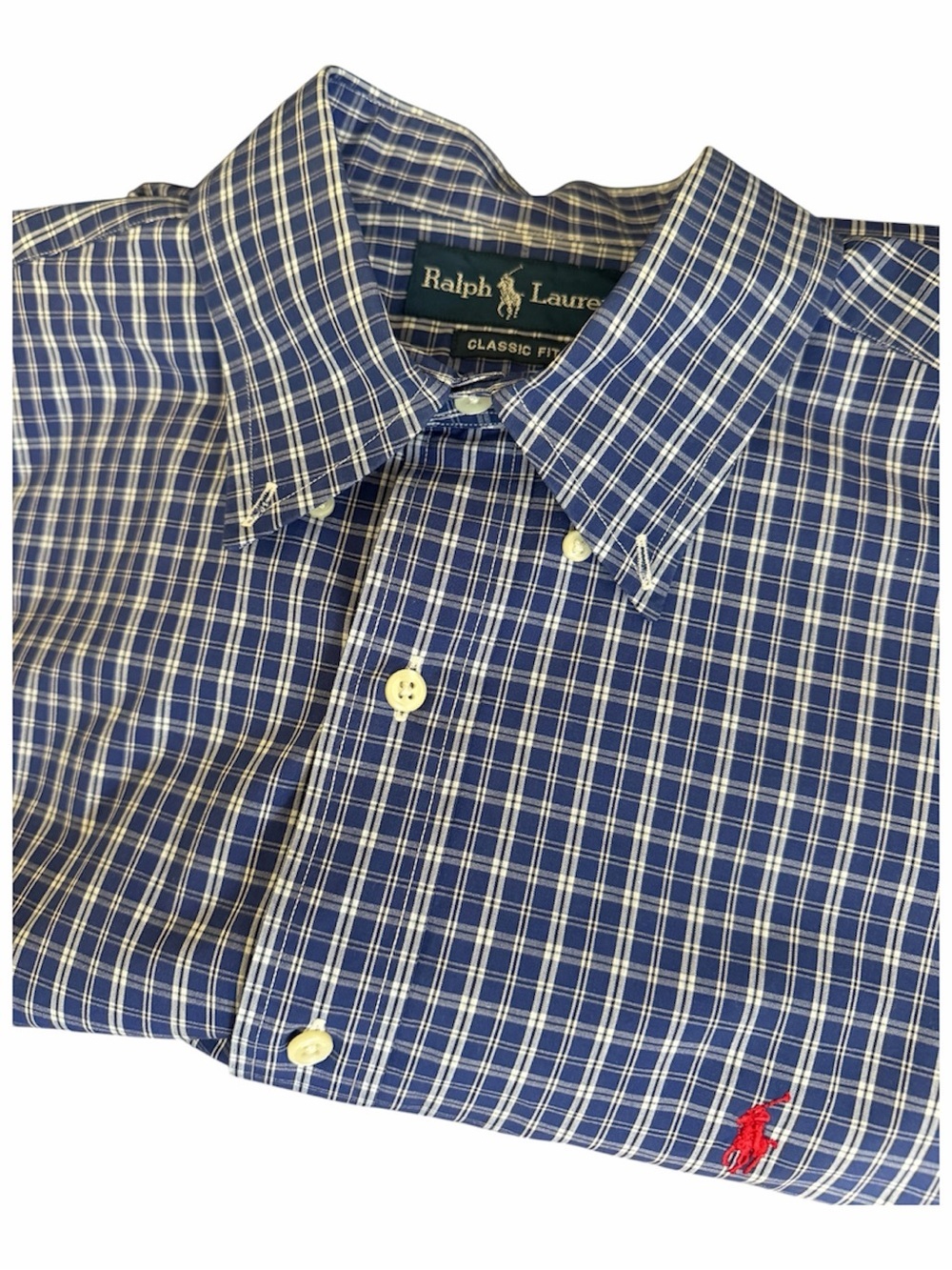 Ralph Lauren Short Sleeve Blue White Plaid Red Pony Classic Fit Large